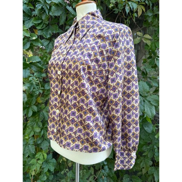 70s Dagger Collar Blouse All Over Purple Geometric Print Balloon Sleeve Custom - Picture 9 of 15